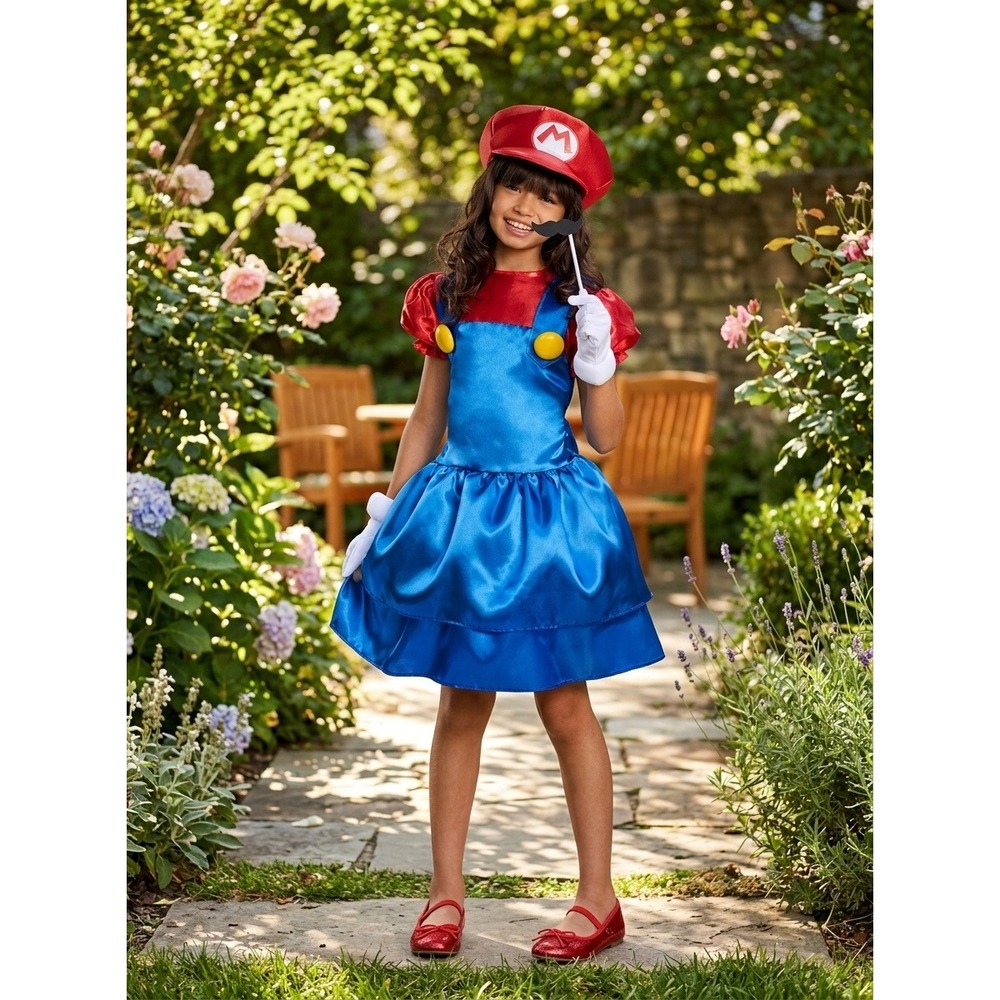 Disguise Nintendo Super Mario Girl Costume Dress Hat Gloves Kids Large 10-12